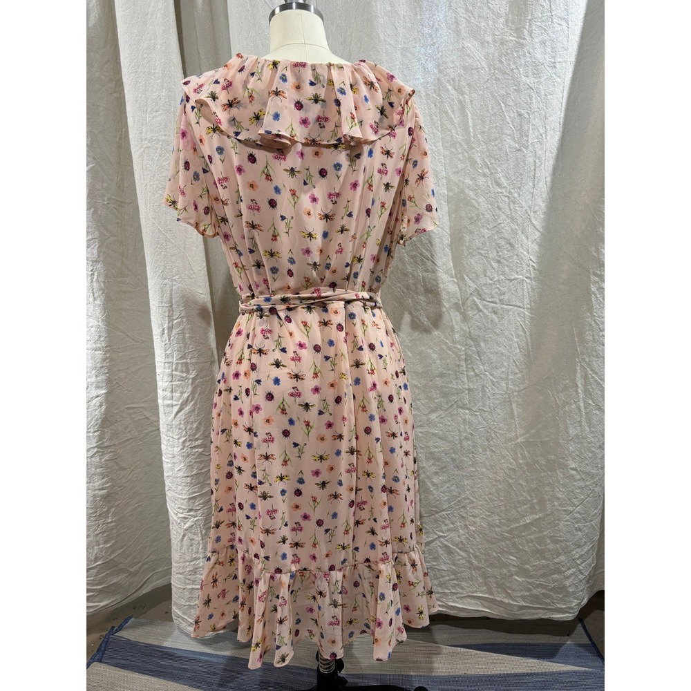 Betsey Johnson Pink Floral Bee Ladybug Ruffle Wrap Dress Plus Size 16W Midi - Picture 3 of 7